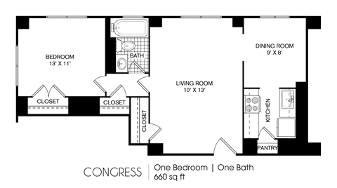 Floor plan for 1 bed, 1 bath, 660 sqft